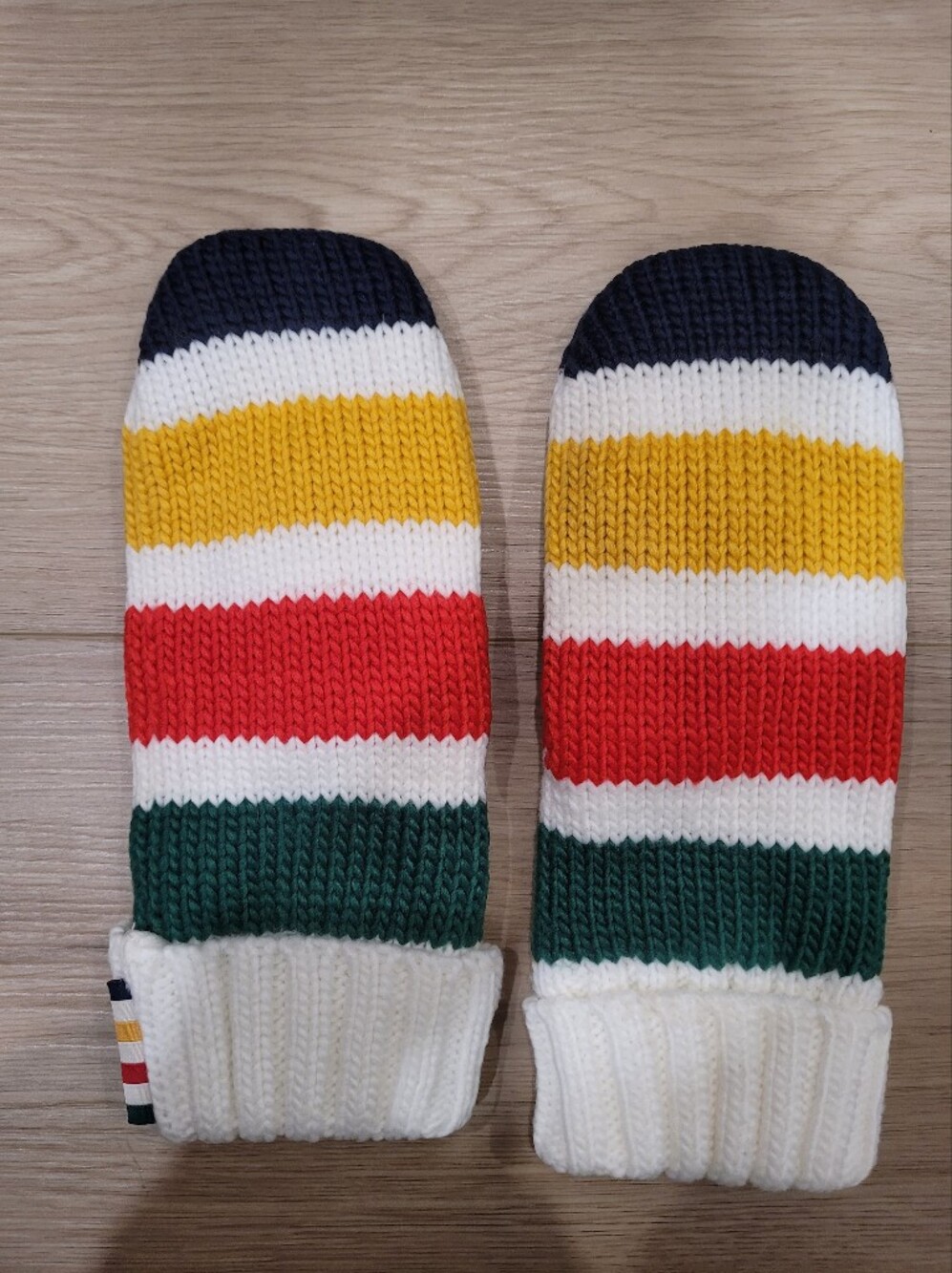 Hudson Bay S/M White Striped Knit Gloves - Yellow, Red, Green, White, Navy